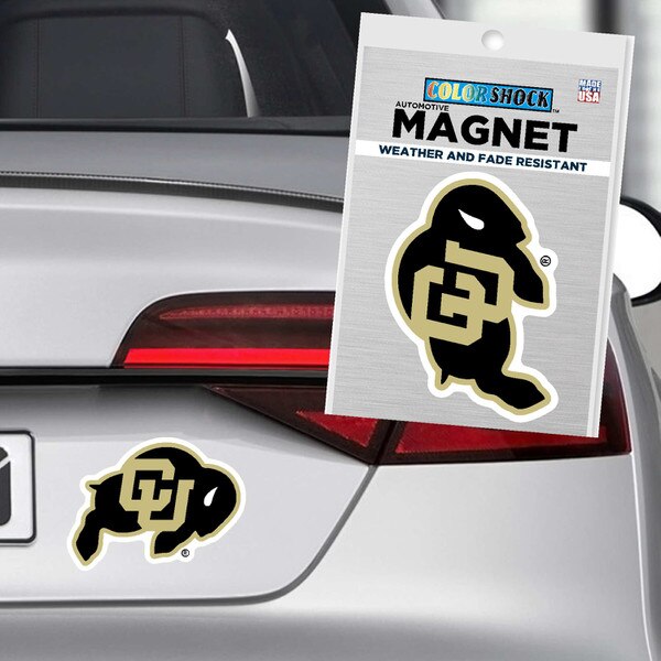 Colorado Buffaloes automotive magnet with CU logo displayed on a silver car and in retail packaging